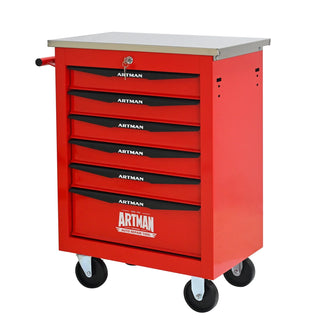 6 Drawers Multifunctional Tool Cart with Wheels,Metal Rolling Tool Cart Storage for Garage Workshop Warehouse Repair Shop--With Stainless Steel Roof- Red&Black Dweva
