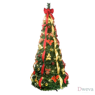 7.5FT Pop-Up Christmas Tree with 200 Warm White UL Lights – Pre-Decorated with Red & Gold Ornaments, Flowers, Ribbons & Bows – Easy Assembly, Space-Saving Collapsible Holiday Tree Dweva