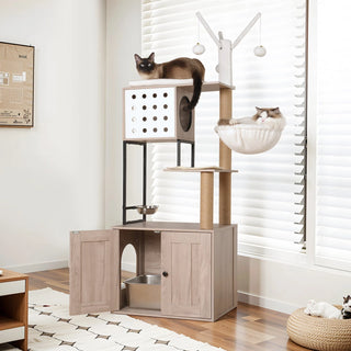 Cat Tree with Litter Box Enclosure - Modern Cat Condo with Scratching Posts, Feeding Bowl & Removable Pompom Sticks, Gray Dweva