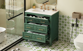 30'' Bathroom Vanity with Ceramic Sink Combo, Free Standing Single Vanity Set with 3 Drawers, Solid Wood Frame Bathroom Storage Cabinet, Green Dweva