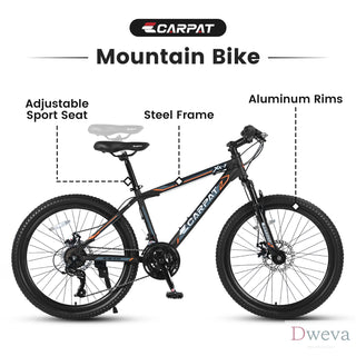 S24102 24 Inch Mountain Bike Boys Girls, Steel Frame, Shimano 21 Speed Mountain Bicycle with Daul Disc Brakes and Front Suspension MTB Dweva