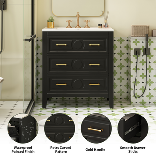 30'' Bathroom Vanity with Ceramic Sink Combo, Free Standing Single Vanity Set with 3 Drawers, Solid Wood Frame Bathroom Storage Cabinet, Black Dweva
