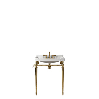 VICI 28" Bathroom Console Sink, Wall-Mounted White Ceramic Vanity Basin with 3 Pre-drilled Faucet Holes, Freestanding Stainless Steel Support Legs with Towel Bar, No Faucet, Gold Color Dweva