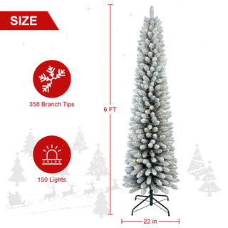 5FT Flocked Pencil Christmas Tree with 100 Warm White LED Lights – Slim Snowy PVC Tree with 263 Tips, Metal Stand, Space-Saving Design, Easy to Set Up Dweva