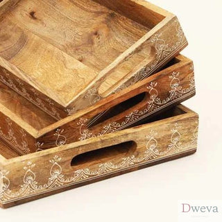 3 Piece Rectangle Wooden Trays (Nested) / Natural Finish - Mango Wood / Set Dweva