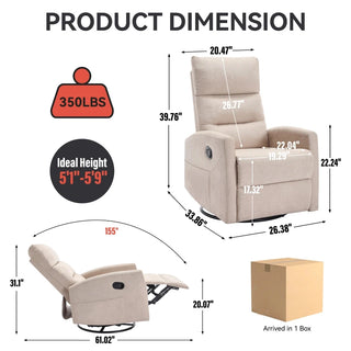 Manual Recliner Chair with Rocker and Swivel in Fabric for Living Room, Beige Dweva