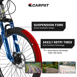 S24102 24 Inch Mountain Bike Boys Girls, Steel Frame, Shimano 21 Speed Mountain Bicycle with Daul Disc Brakes and Front Suspension MTB Dweva