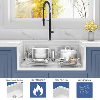 30 Inch Fireclay Farmhouse Sink-30"x 20"White Workstation Reversible Ceramic Farm Apron Front Kitchen Sink, 10 Inch Deep Single Bowl Porcelain Sink with Ledge and Accessories Dweva