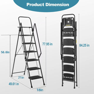 Folding step stool with bandwidth anti slip pedals and tool trays, lightweight and portable steel step stool, perfect for kitchen and home, indoor and outdoor use, sturdy steel steps (6 levels) Dweva