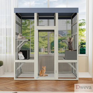 62.6" Outdoor Wooden Catio for Cats, Large Cat Enclosure with Waterproof Roof, 2 Cat Houses & Platforms, Secure Rust-Proof Wire Pet Cage for Patio or Backyard Dweva