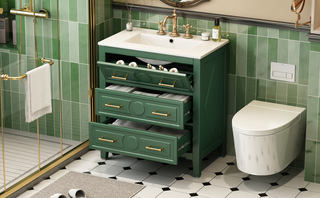 30'' Bathroom Vanity with Ceramic Sink Combo, Free Standing Single Vanity Set with 3 Drawers, Solid Wood Frame Bathroom Storage Cabinet, Green Dweva