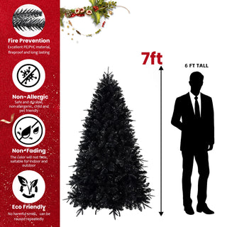 6ft Black Christmas Tree with 350 White LED Lights, 1460 Tips PE+PVC Artificial Tree for Halloween & Holiday Decor, Hinged Structure with Stable Metal Stand Dweva