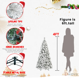 4FT Flocked Christmas Tree with 150 Warm White LED Lights – 350Tips, Snowy PVC & Hard Needle Branches, Hinged Design for Easy Setup, Sturdy Metal Stand – Full & Realistic Holiday Tree Dweva