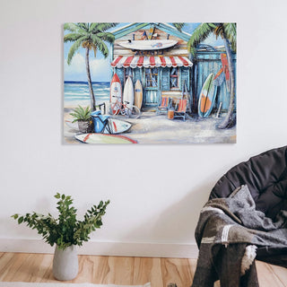 Blue Beach House Surfboard Coconut Tree Ocean Wall Art - Coastal Tropical Landscape Mural Print - Vibrant Seaside Decor for Living Room Bedroom Office decorative picture Dweva