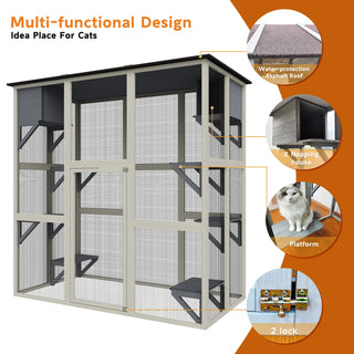 70.9" Gray Wooden Outdoor Catio Cat Enclosure with Weatherproof Asphalt Roof, Large Walk-in Cat House with 6 Platforms & 2 Napping Boxes, Solid Wood Cat Cage Playpen for Patio or Backyard Dweva
