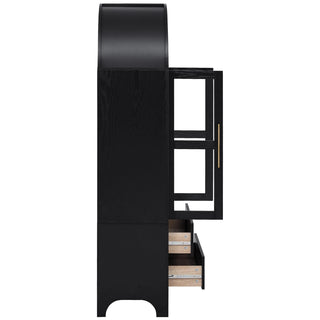 K&K 71" Tall Arched Kitchen Pantry Cabinet with 2 Large Drawers, Modern Farmhouse Kitchen Storage Cabinets with Adjustable Shelves, Glass Door, Wood Versatile Cupboard for Kitchens, Dining Room, Black Dweva