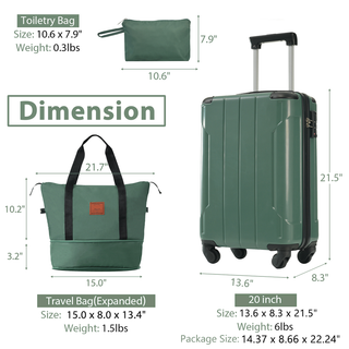 Hardshell Luggage Sets 3 Piece Carry-on Suitcases with Wheels Travel Luggage for Men Women, Green(20in) Dweva