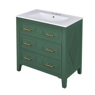 30'' Bathroom Vanity with Ceramic Sink Combo, Free Standing Single Vanity Set with 3 Drawers, Solid Wood Frame Bathroom Storage Cabinet, Green Dweva