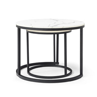 Set 2 Coffee Table Nesting White and gray top Black Frame Circular Round and Marble Pattern Wooden Tables, Living Room Bedroom Apartment Modern Industrial Simple Nightstand Dweva