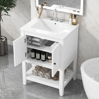 [VIDEO] 24" White Modern Sleek Bathroom Vanity Elegant Ceramic Sink with Solid Wood Frame Open Style Shelf Dweva