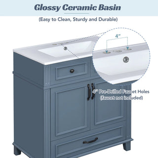 30'' Bathroom Vanity with Ceramic Sink,Solid Wood Frame Bathroom Storage Cabinet with Soft Closing Doors,Retro Style, Blue Dweva
