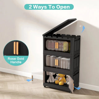 Black, 24" Side Wide Folding Storage Cabinet ,5 Tiers,23.62"×13.78"×59.84",Collapsible Storage Bins with Magnetic Door, Plastic Storage Cabinet with Wheels Dweva