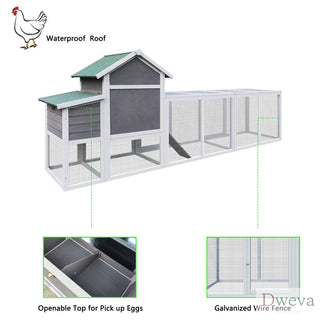 Gray Wooden Chicken Coop Outdoor Hen House with Run, Waterproof Roof & Nesting Box, Rabbit Duck Poultry Cage with Perch, Sliding Tray, and Secure Locks Dweva
