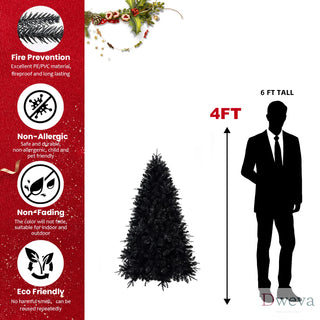 4ft Black Christmas Tree with 150 White LED Lights, 666 Tips PE+PVC Artificial Tree for Halloween & Holiday Decor, Hinged Structure with Stable Metal Stand Dweva