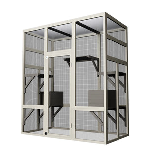 Large Outdoor Gray Wooden Catio – Solid Wood Cat Enclosure with 5 Platforms & 2 Resting Boxes, UV-Resistant & Waterproof Outdoor Cat House Shelter Playpen Dweva