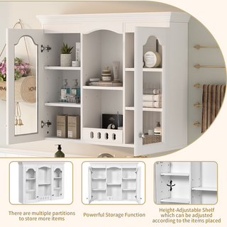 Wall Mounted Medicine Cabinet, Bathroom Wall Cabinet with 2 Glass Doors, Over The Toilet Space Saver Storage Cabinet with Ample Storage, White Dweva