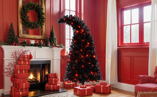 6FT Artificial Christmas Tree with LED Light, Pre-Lit Curved Shape Artificial Whimsical Xmas Tree with 900 Tips, Black Christmas Tree Dweva