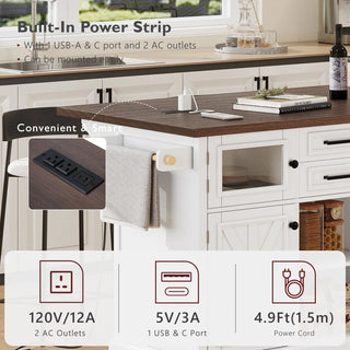 K&K 54.9" Kitchen Island with Drop Leaf, Power Outlet, Kitchen Storage Cart with 4 Door Shelves, Cross Barn Doors & Visual Glass Door, Rolling Kitchen Island on 4 Wheels for Kitchen, Dining Room,White Dweva