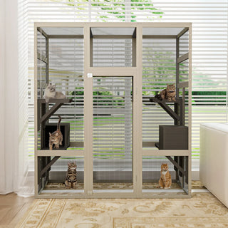 Large Outdoor Gray Wooden Catio – Solid Wood Cat Enclosure with 5 Platforms & 2 Resting Boxes, UV-Resistant & Waterproof Outdoor Cat House Shelter Playpen Dweva