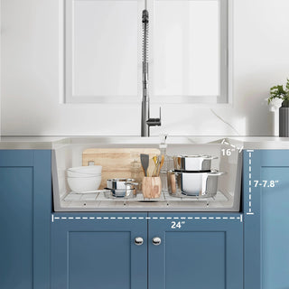 24 Inch White Fireclay Farmhouse Sink-24x 16 White Farm Sink for Small Kitchen and Laundry, Apron Front Porcelain Ceramic Sink Single Basin with Bottom Grid and Strainer Dweva