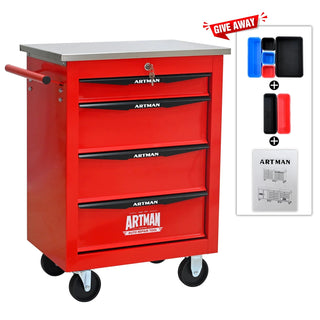 4 Drawers Multifunctional Tool Cart with Wheels,Metal Rolling Tool Cart Storage for Garage Workshop Warehouse Repair Shop--With Stainless Steel Roof- Red&Black Dweva