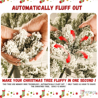 6ft Flocked Pre-Lit Christmas Tree with 300 UL Warm White Lights, 779 PVC Tips, Auto-Unfold Memory Wire, Easy Assembly & Stable Metal Stand – Snowy Holiday Decor Dweva