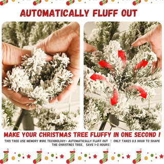 5ft Flocked Pre-Lit Christmas Tree with 200 UL Warm White Lights, 551 PVC Tips, Auto-Unfold Memory Wire, Easy Assembly & Stable Metal Stand – Snowy Holiday Decor Dweva