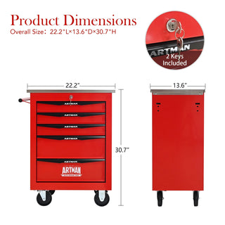 5 Drawers Multifunctional Tool Cart with Wheels,Metal Rolling Tool Cart Storage for Garage Workshop Warehouse Repair Shop--With Stainless Steel Roof--Red&Black Dweva