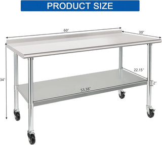 Stainless Steel Table 30 x 60 Inches Metal Prep Table with Wheels Casters Adjustable Undershelf Stainless Table for Commercial Kitchen, Outdoor, Restaurant, Hotel & Garage Dweva