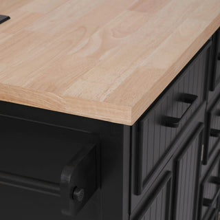 K&K 56.5'' Kitchen Island with Drop Leaf, Power Outlet, Embossed Vertical Stripe Rolling Kitchen Cart on Wheels with 4 Doors , 5 Deep Drawers and Adjustable Shelves, for Kitchen, Dining Room, Black Dweva