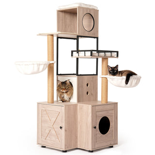 63" Multi-Functional Cat Tree with Litter Box - Includes Removable Washable Cushion, Scratching Posts & Toy Hanger, Modern Design, Rustic Gray Dweva