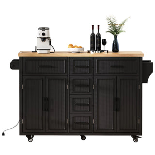 K&K 56.5'' Kitchen Island with Drop Leaf, Power Outlet, Embossed Vertical Stripe Rolling Kitchen Cart on Wheels with 4 Doors , 5 Deep Drawers and Adjustable Shelves, for Kitchen, Dining Room, Black Dweva