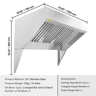 Commercial Exhaust Hood, 6FT Food Truck Hood Exhaust, 201 Stainless Steel Concession Trailer Hood with 3 Detachable U-shaped Grid Oil Filter Mesh, Rust Resistant Vent Hood for Kitchen Restaurant Dweva