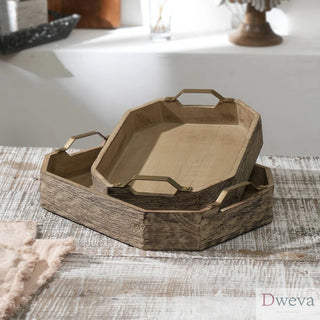Octagonal Mango Wood Serving Tray - Set Of 2, 15x12x3 Inches Dweva