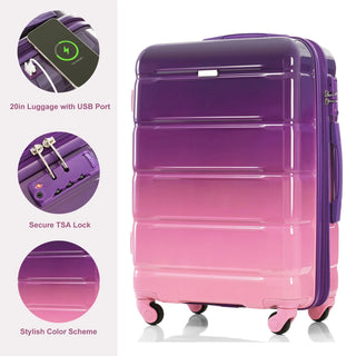 Luggage Sets 5 Piece, 20-inch with USB Port, ABS Durable Suitcase with Travel Bag, ABS+PC Hard Shell Luggage with Spinner Wheels, purple and pink Dweva