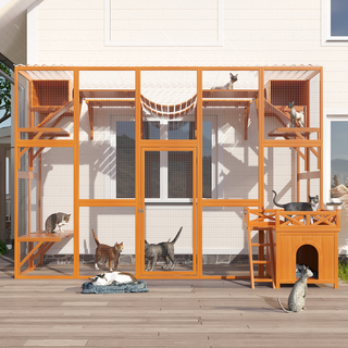 Weatherproof Catio Outdoor Cat Enclosure, Outdoor Cat house, Natural Wood Playground, Natural Cat Shelf with Litter Box Dweva
