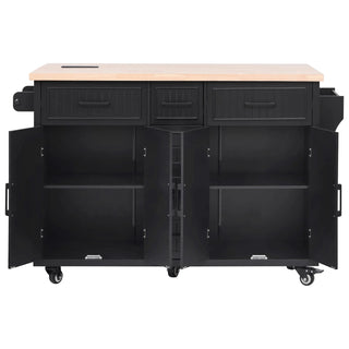 K&K 56.5'' Kitchen Island with Drop Leaf, Power Outlet, Embossed Vertical Stripe Rolling Kitchen Cart on Wheels with 4 Doors , 5 Deep Drawers and Adjustable Shelves, for Kitchen, Dining Room, Black Dweva