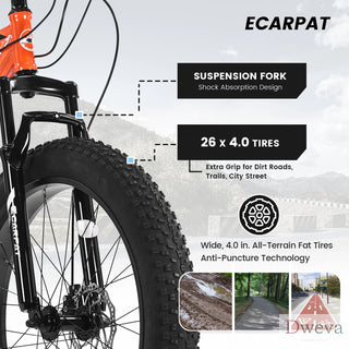 S26109 Elecony 26 Inch Fat Tire Bike Adult/Youth Full Shimano 21 Speed Mountain Bike, Dual Disc Brake, High-Carbon Steel Frame, Front Suspension, Mountain Trail Bike, Urban Commuter City Bicycle Dweva