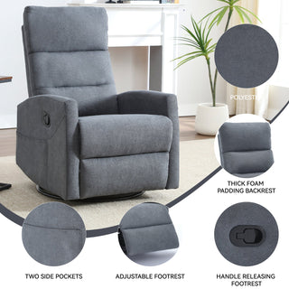 Manual Recliner Chair with Rocker and Swivel in Fabric for Living Room, Grey Dweva