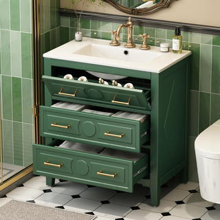 30'' Bathroom Vanity with Ceramic Sink Combo, Free Standing Single Vanity Set with 3 Drawers, Solid Wood Frame Bathroom Storage Cabinet, Green Dweva